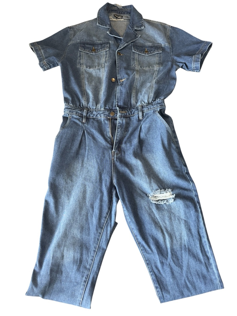 Fashion Nova Medium Blue Denim Short-Sleeve Bodysuit Jumpsuit